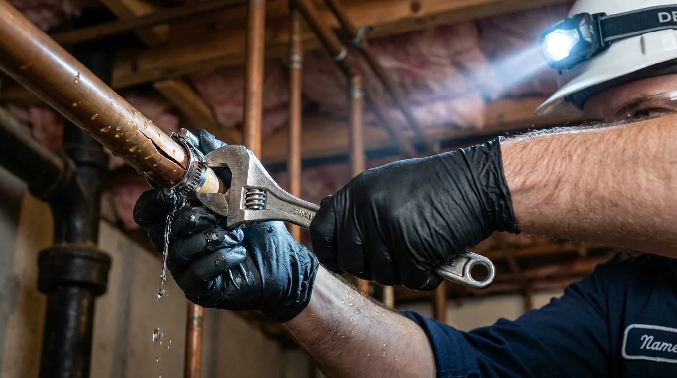 Emergency pipe clamp repair being performed by a Johns Plumbing LLC plumber in Murrysville