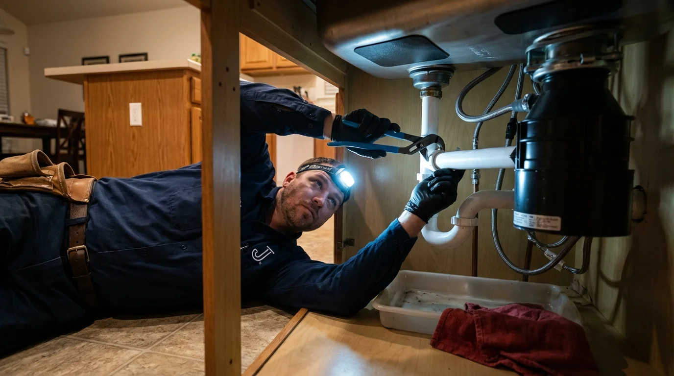P-trap and supply line connections under a kitchen sink showing a common leak point in Murrysville, PA